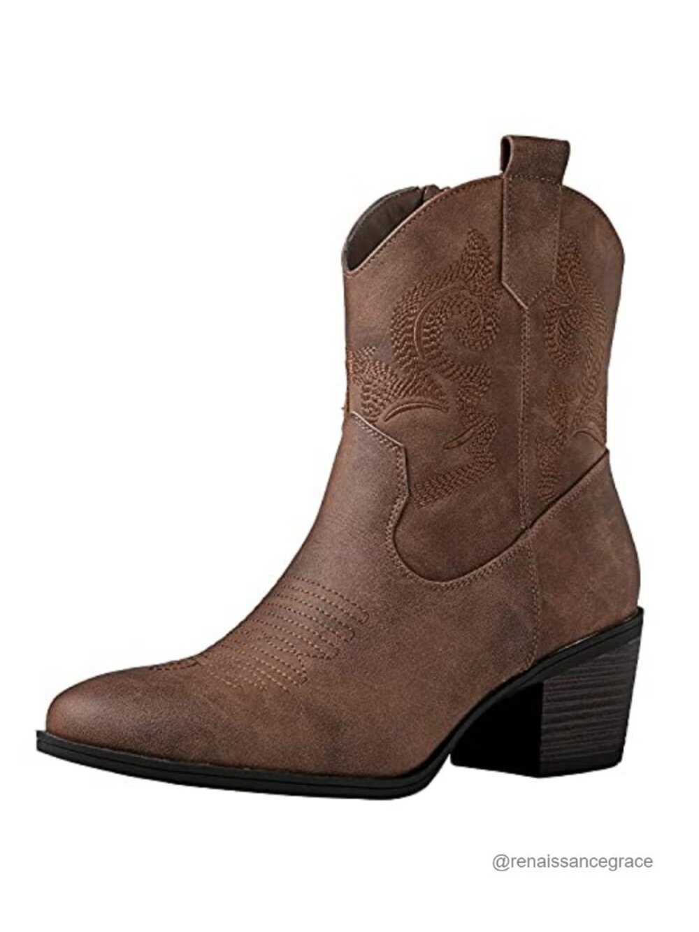 Women's Cowboy Ankle Boots Round Toe Block Heel Side Zip Faux Leather Western